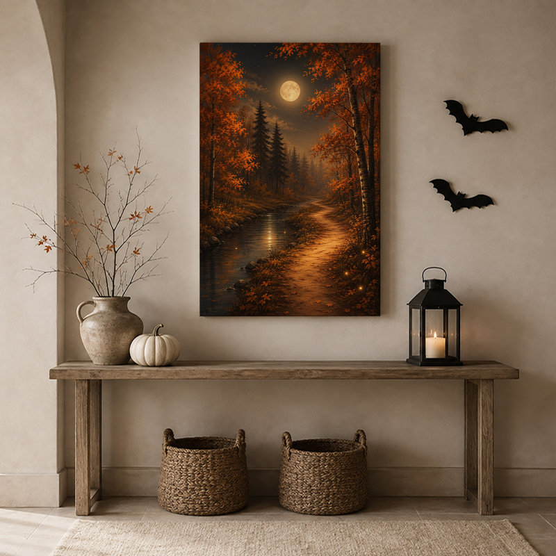 "Autumn Forest Path And Stream Under Full Moon", art mural sur toile, 24"H x 16"W