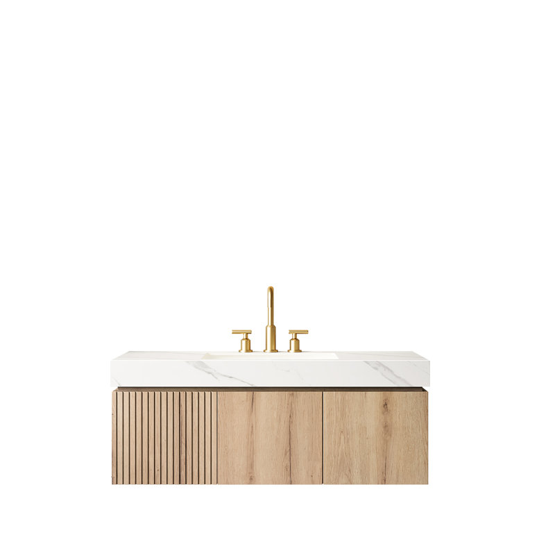 Meuble-lavabo de 48 po avec comptoir en pierre frittée blanche, lavabo en céramique encastré avec 3 trous de robinet standard, tiroir d'armoire flottant en contreplaqué et système de fermeture en douceur, finition en chêne avec plateau