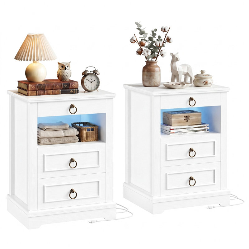Ensemble de 2 tables de chevet modernes de 47 cm de large avec 3 tiroirs, prises électriques et éclairage LED., Blanc