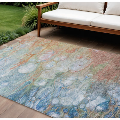 9' X 12' Copper Blue Abstract Washable Indoor Outdoor Area Rug