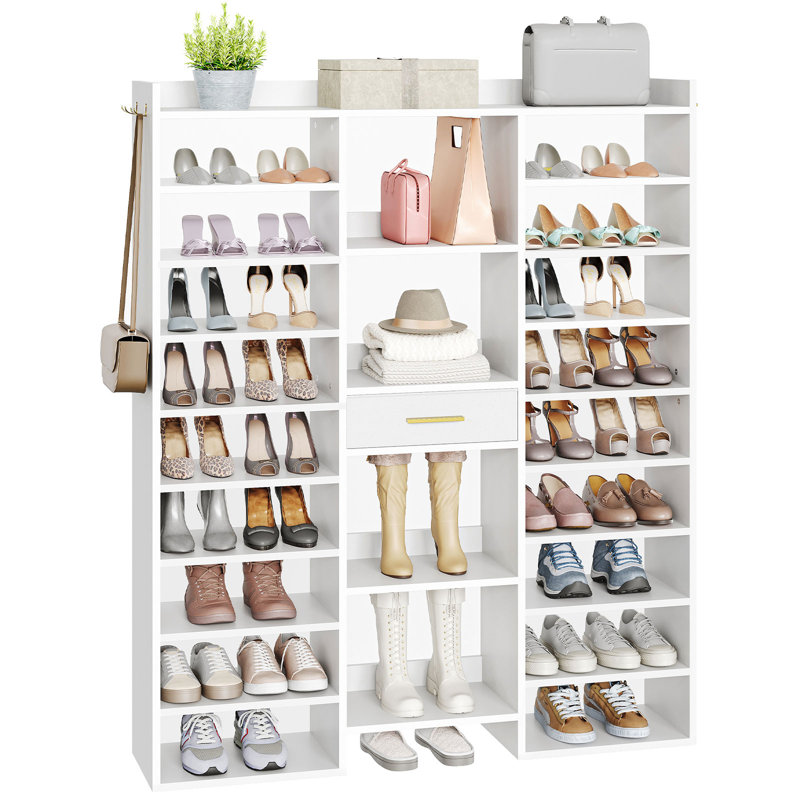 Tall Standing Shoe Storage Cabinet with Cubbies and Fabric Drawer, for 36-44 Pairs of Shoes, White
