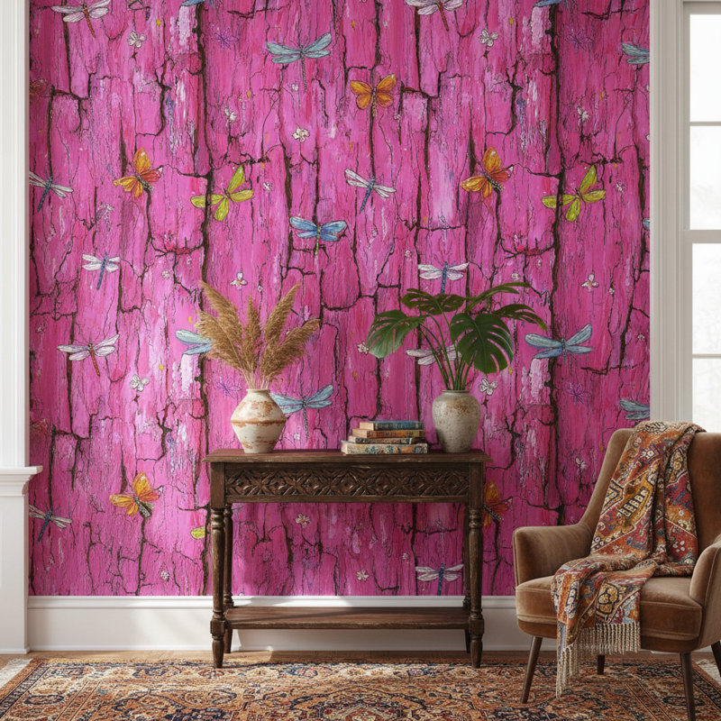 Papier peint abstrait libellules roses