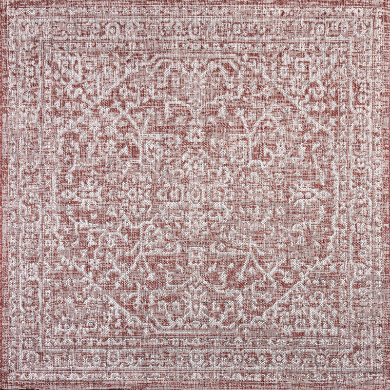 Massimo Bohemian Medallion Textured Weave Red/Taupe Indoor/Outdoor Rug, Square 5'3"