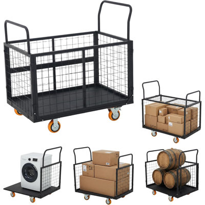 Large Capacity Cage Cart, Black Metal Platform Truck with Rolling Casters for Boxes, Appliances, and Heavy Equipment