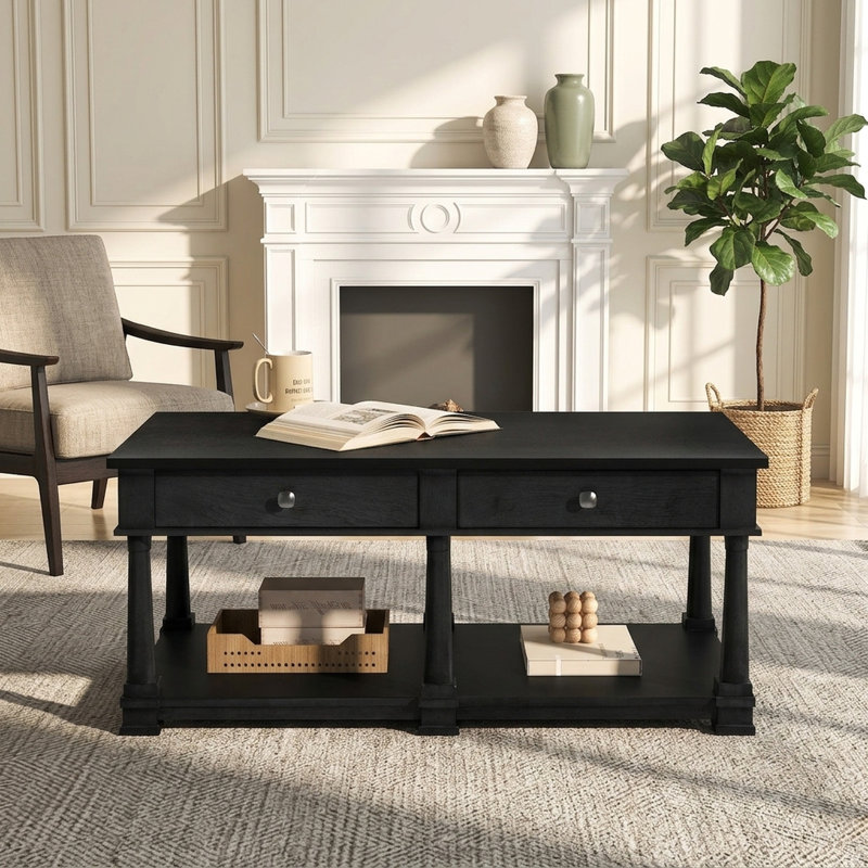 Table basse rectangulaire style ferme FFZ 45,3 po avec 2 tiroirs, tablette inférieure et pieds en bois massif noir
