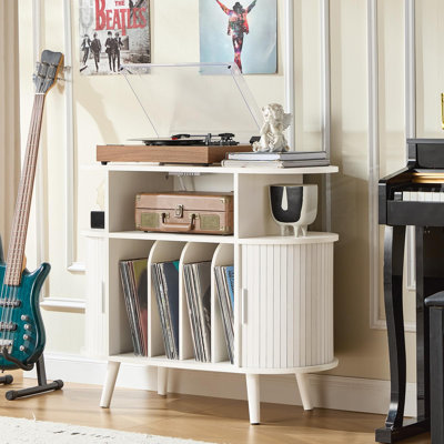 35.5-Inch Large Round Record Player Stand with Charging Station, Fluted Vinyl Storage & Arched Doors