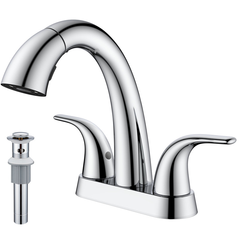 Robinet de lavabo de salle de bain à double poignée, entraxe de 10 cm, bec extractible et deux modes de fonctionnement, avec bonde escamotable.