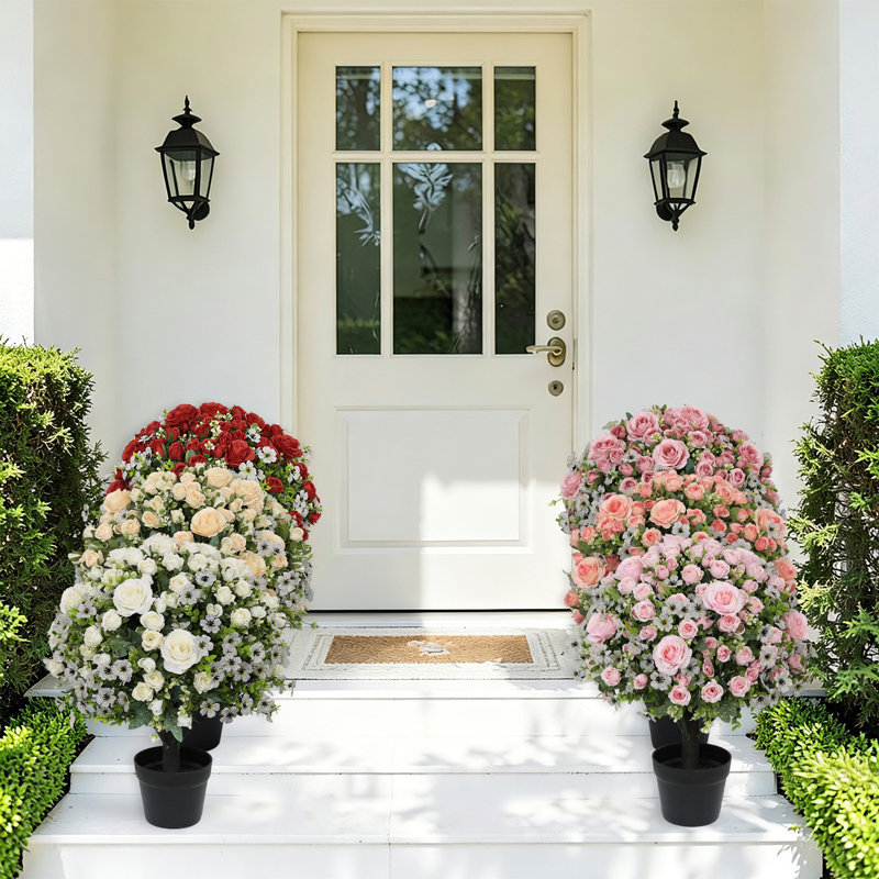 Paquet de 2 arbres sphériques artificiels de 24 po avec fleurs, buissons d'arbustes artificiels pour l'intérieur et l'extérieur