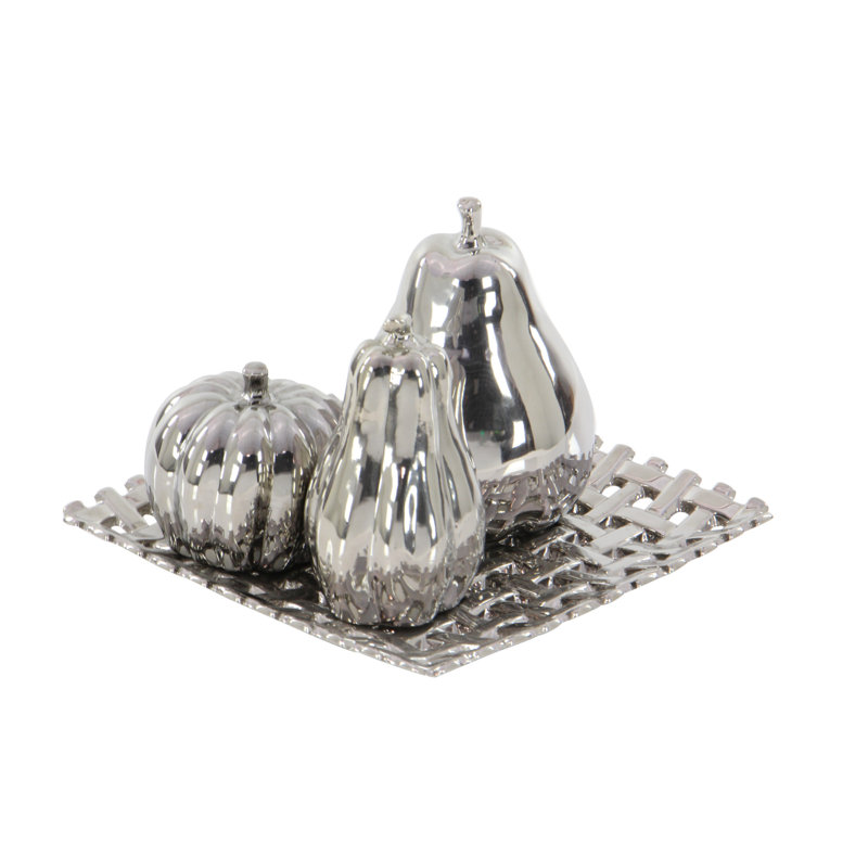 Silver Ceramic Fall Fruit Sculpture Set with Decorative Grid Plate