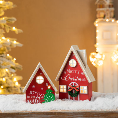 Set Of 2 Christmas Lighted Wooden House Table Decor