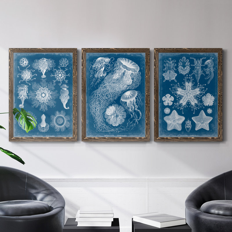 Ensemble de 2 peintures murales sur toile d'Alphonse, Afrique dans les tons de bleu, Toile avec cadre en noyer