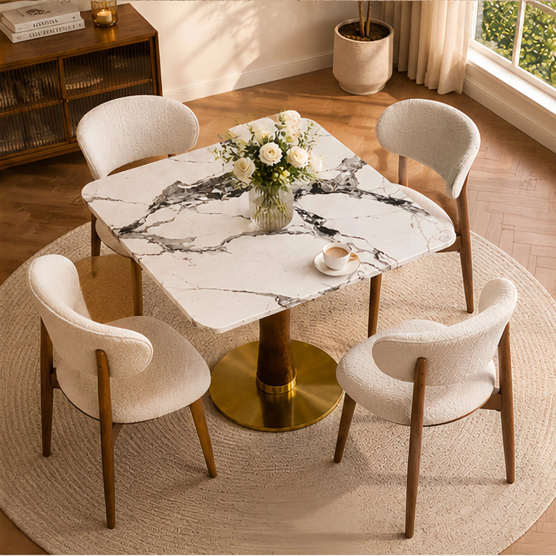 Table de salle à manger 33,5 po ronde en pierre frittée avec base en bois d'hévéa massif et base en acier inoxydable brossé doré, table de salle à manger moderne pour 2 à 4 personnes