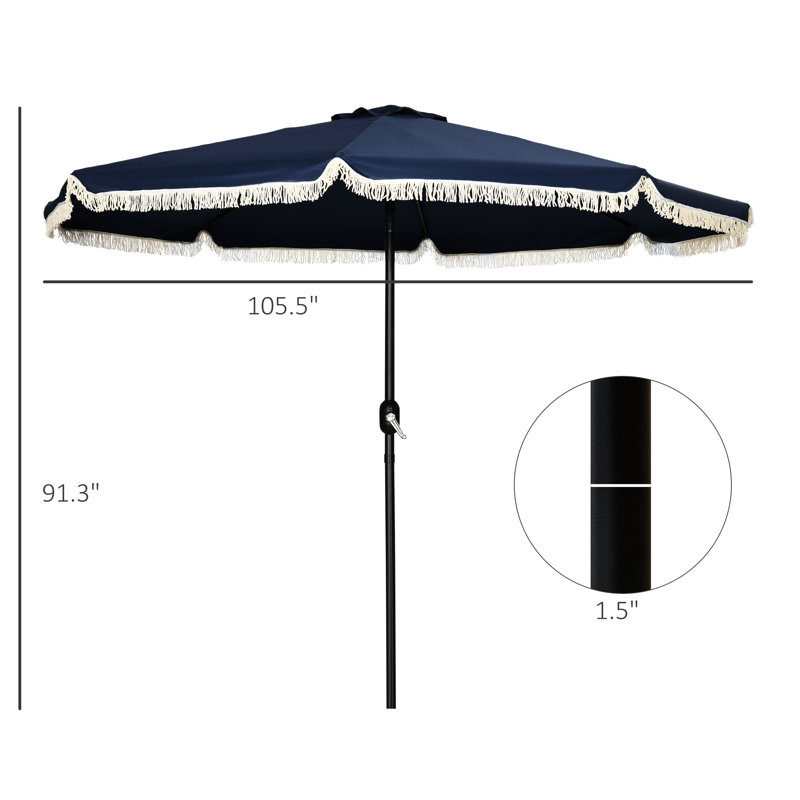 Parasol de terrasse bleu foncé de 2,74 m (9 pi), inclinable et à manivelle, à franges, avec pompons, idéal pour le jardin, la terrasse ou la piscine.
