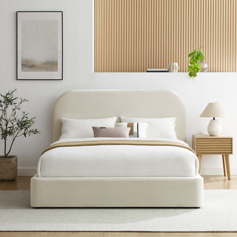 Keynote Upholstered Fabric Curved Platform Bed, Alabaster, Full