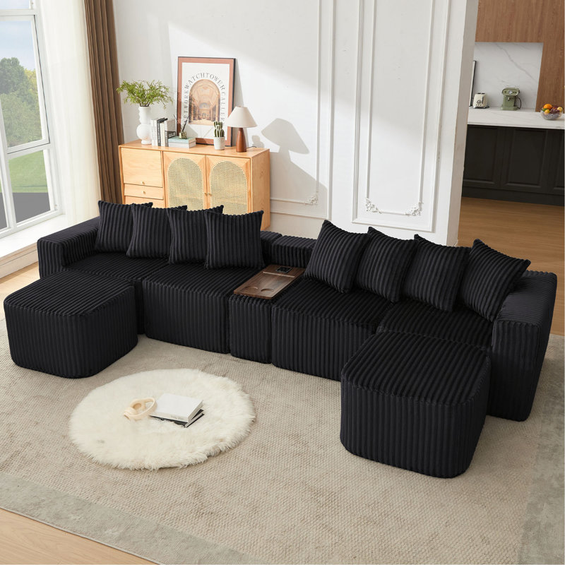 Canapé en U de 137,5 po, charge USB et sans fil, table basse avec porte-gobelet, canapé modulaire surdimensionné et mobile, repose-pieds mobile, sans assemblage, 6 sièges, velours côtelé