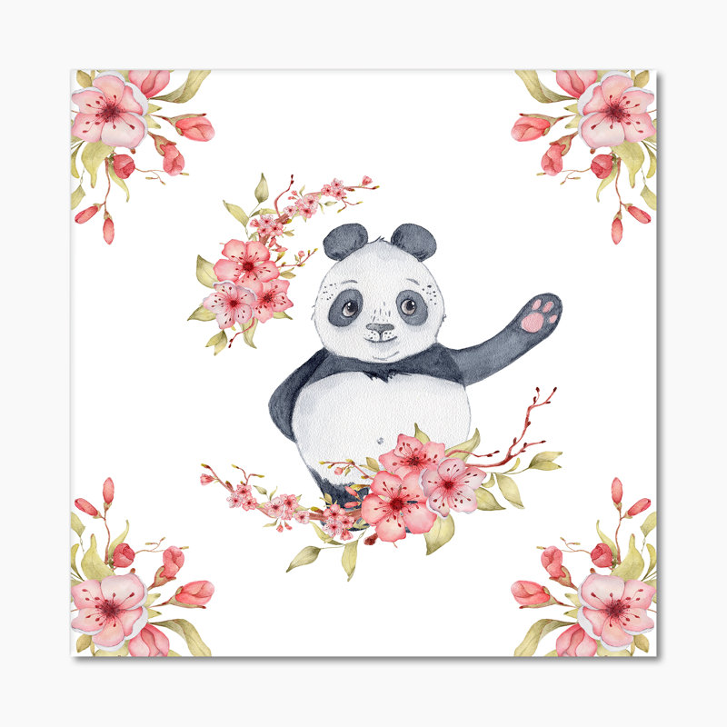 Panda avec fleurs de sakura, reproduction d'art sur toile pour enfants, H 30 po x l 30 po x P 1 po, Toile tendue