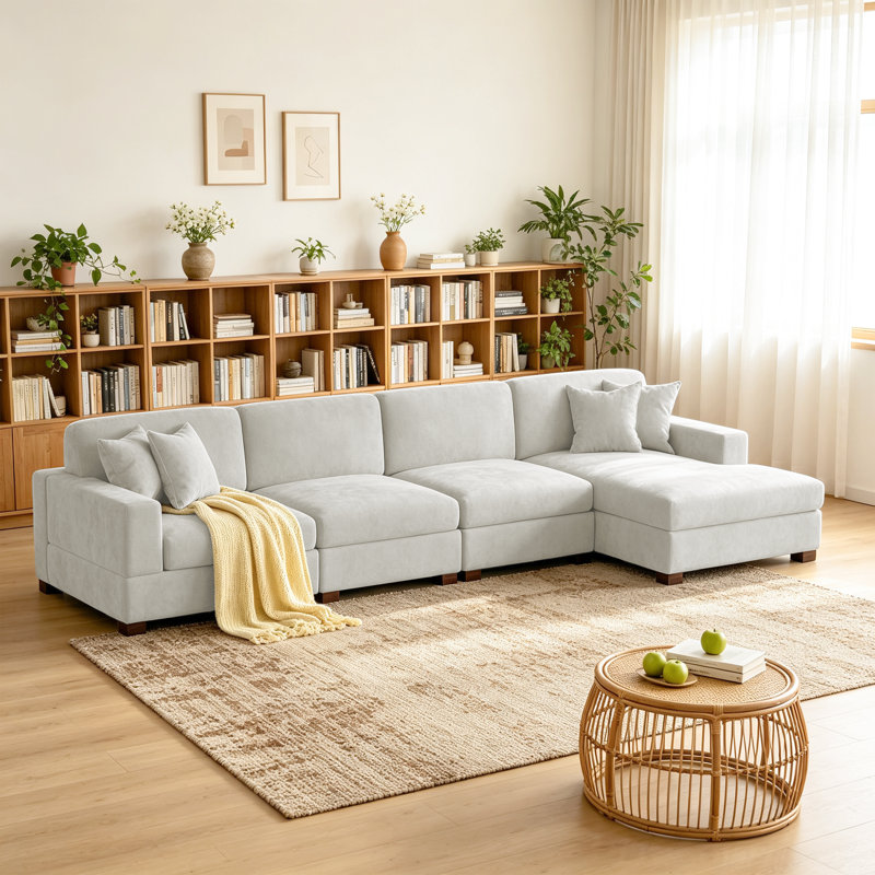 4 - Piece Upholstered Offehite Chenille Modular Sectional Sofa with Armrests & Throw Pillows, Right Hand Facing