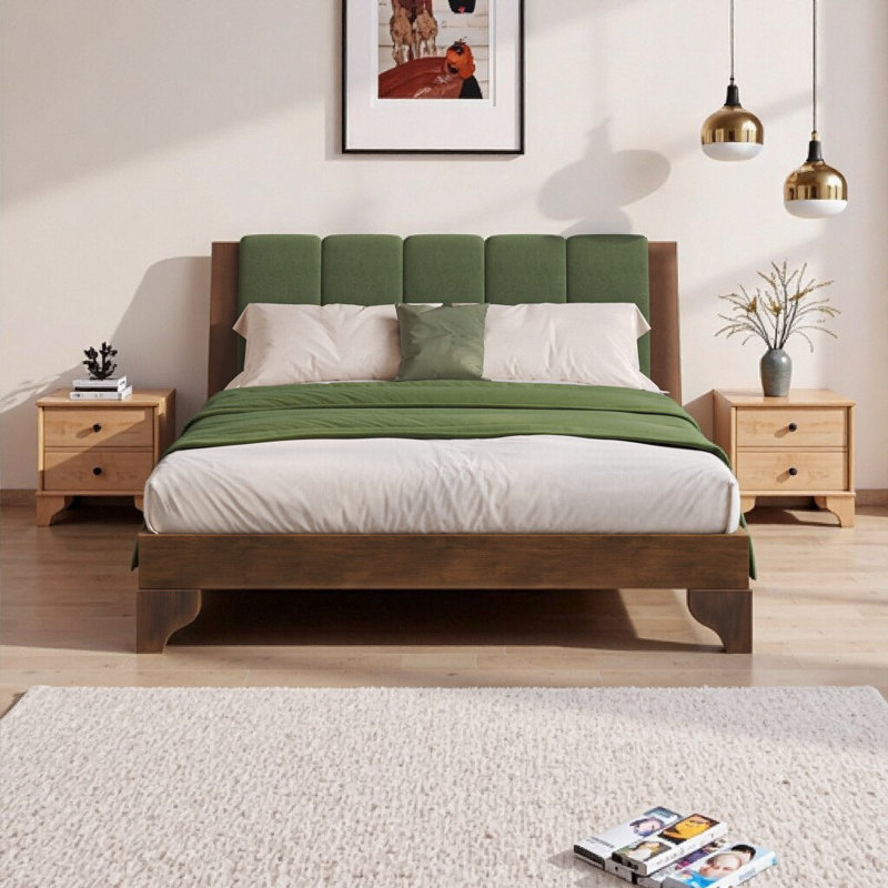 Structure de lit grand style Mid-Century avec tête de lit tapissier - Finition noyer et vert | Assemblage facile | Support robuste