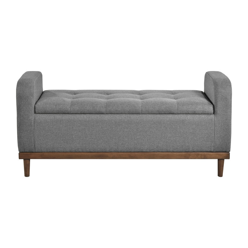 Mid-Century Modern Lift Top Storage Bench, Gray Upholstered, Solid Wood Walnut Bedroom Furniture Finish Storage, Textured Upholstery