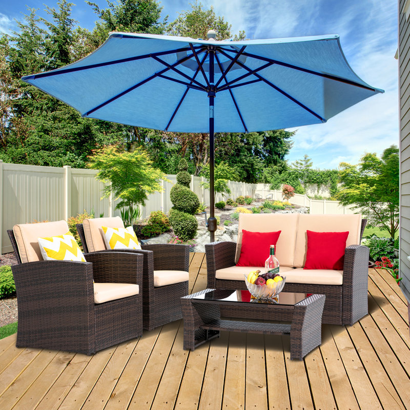 Ensemble de conversation en osier / rotin pour 4 personnes avec coussins, Beige, Marron
