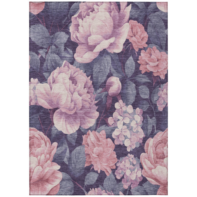 Tapis intérieur lavable floral rose et mauve 5 pi x 8 pi