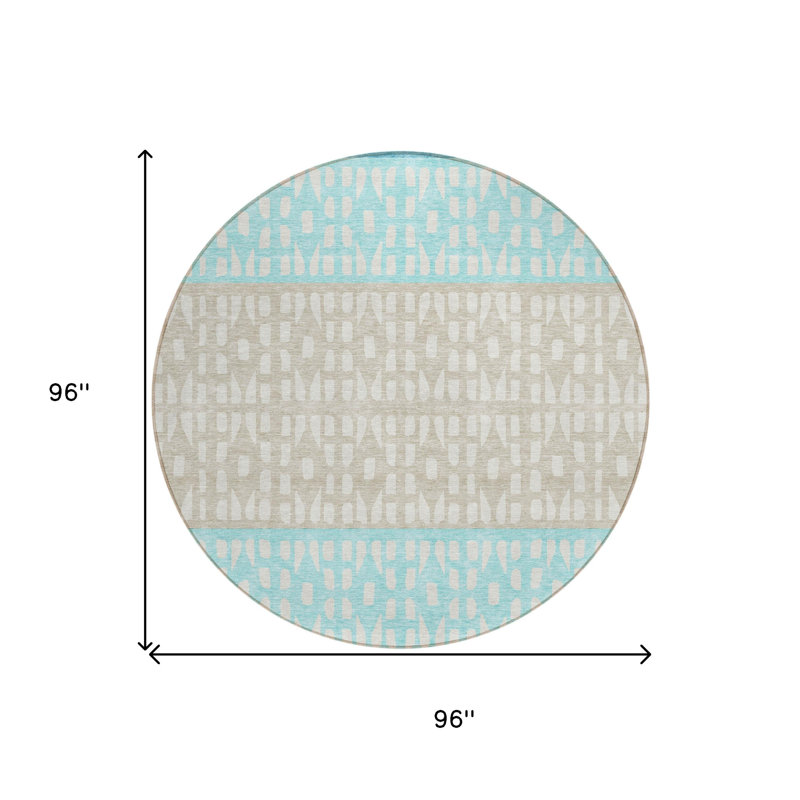 Tapis d'intérieur / extérieur rond 8 pi bleu turquoise et ivoire à motif géométrique lavable