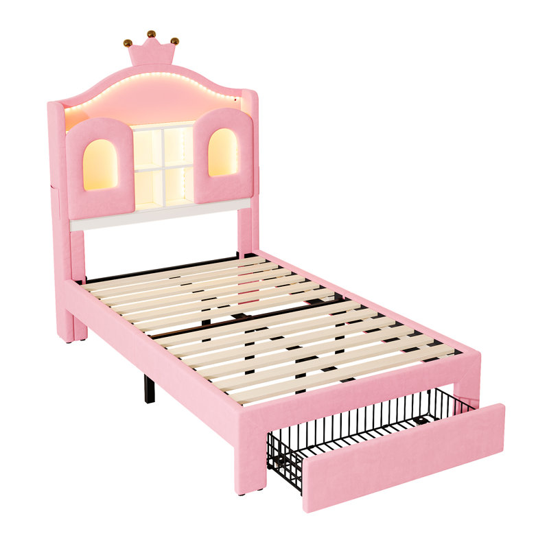 Upholstered Single (3') Velvet Bed, Pink