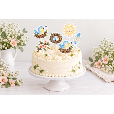 Little Bird Nest Cake Decorations, Blue Yellow Chick Egg Peach Blossom Baby Shower Toppers, Cardstock Picks