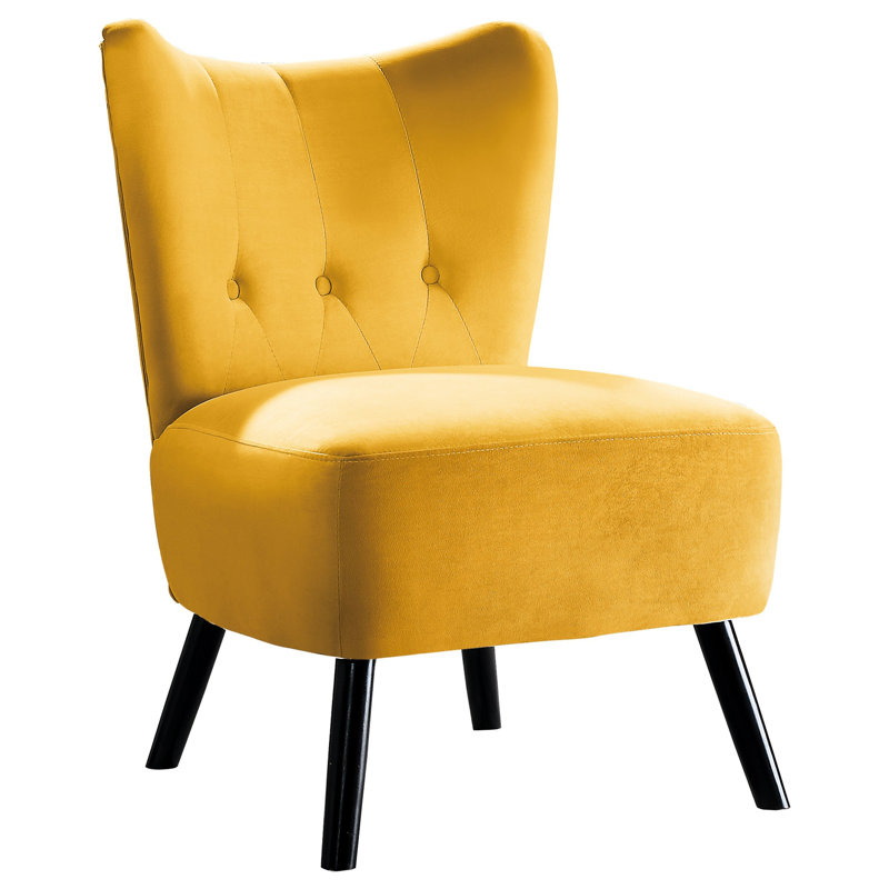 Yellow Velvet Upholstered Accent Chair With Button- Design And Brown Legs Modern Back Wood For Living Room, Yellow