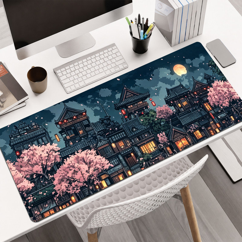 Tapis de souris en caoutchouc, surface lisse en microfibre, base antidérapante, bords arrondis, idéal pour le bureau et les jeux, 40 x 90 cm, motif paysage nocturne asiatique rose