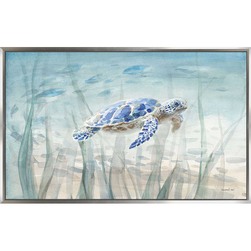 Tortue sous-marine par Danhui Nai - Peinture, H 31,5 po x l 51,5 po, Reproduction avec cadre flottant, Argent argent