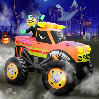 Super Giant 8FT Long x 7FT Tall Halloween Inflatables Pumpkin Monster Truck Built-in 8 Bright LED Light, Blow Up Pumpkin Vehicle for Yard Lawn Garden Halloween Party, Supplies with Waterbags & Stakes