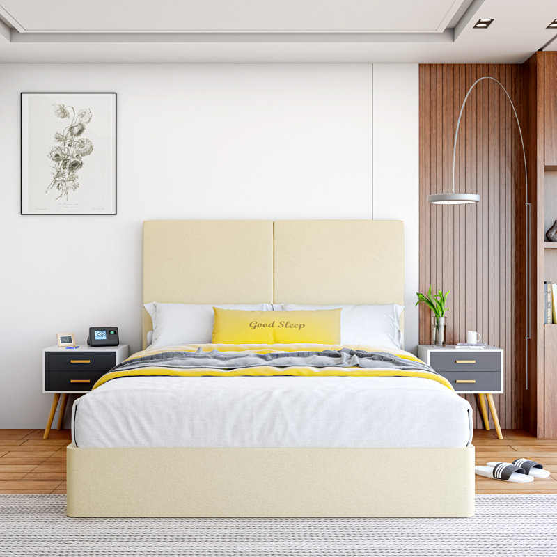 Base de lit tapissier de qualité supérieure avec tête de lit, lit moderne avec support en lattes de bois massif, aucun sommier requis, assemblage facile, grand, beige