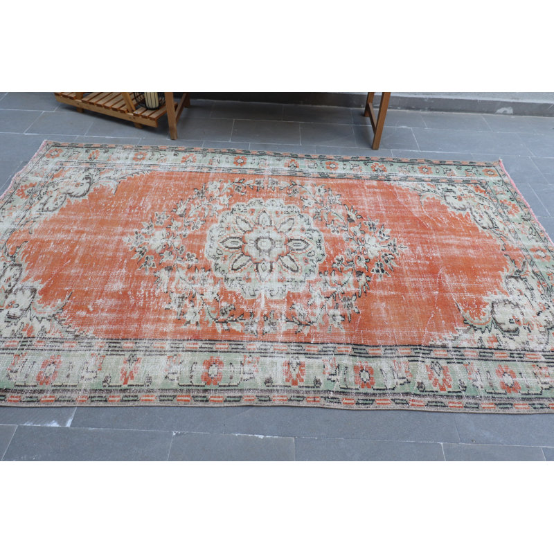 Grand tapis rétro Oushak en laine orange, idéal pour décorer un salon ou un bureau