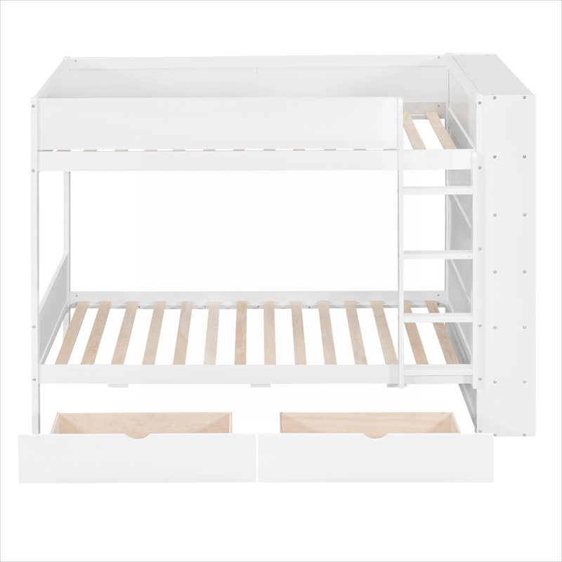 Solid Wood Platform Twin Over Twin Bunk Bed, Storage Integrated With 2 Drawers and Multi-layer Cabinet, Classic White