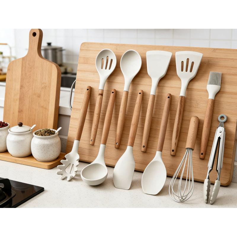 11-Piece Silicone Kitchen Utensil Set With Holder - Non-Scratch Cooking Tools For Non-Stick Cookware Including Spatula, Spoon, Tongs, Whisk, Pasta Server And Basting Brush