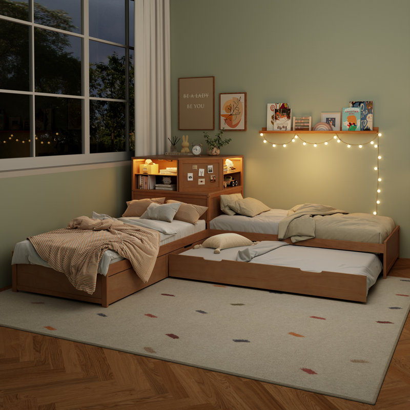 Lit pour enfant en L 3 en 1 avec rangement DEL et éclairage Lunthar, Naturel