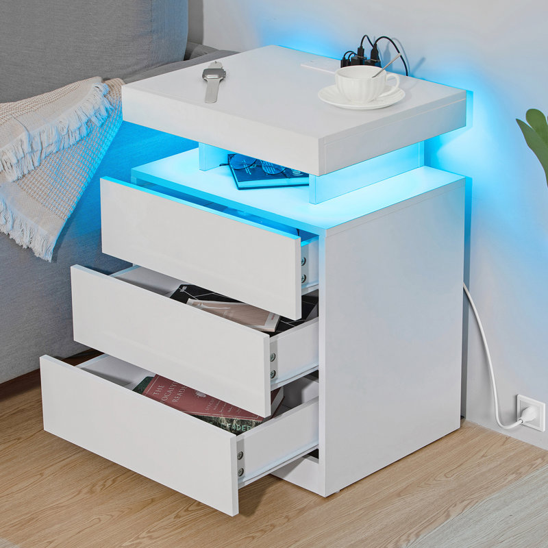 Gebelein Manufactured Wood Nightstand with Wireless Charging Station and LED Lights, White