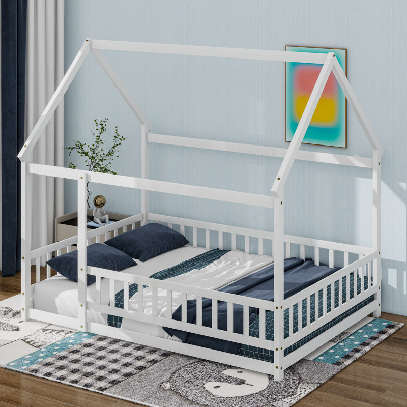 Lit double en bois pleine grandeur, lit maison avec structure de toit, Double, Blanc