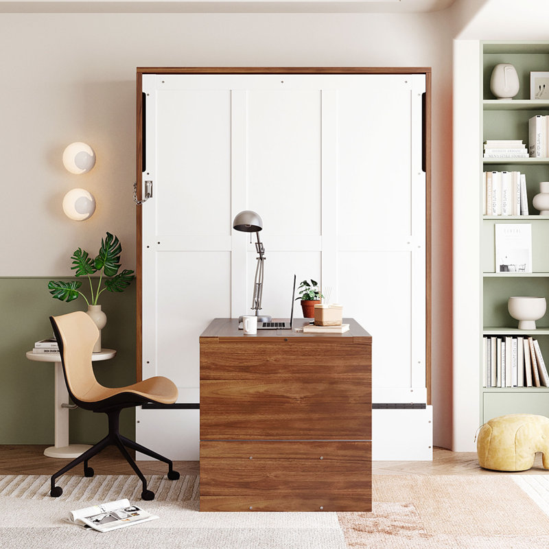 Lit escamotable double avec bureau pliable - Lit escamotable mural - Noyer et blanc, Noyer/blanc