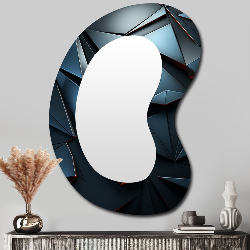 Élégance géométrique foncée bleue - Art abstrait en métal - Miroir mural moderne asymétrique, 39 po x 28 po