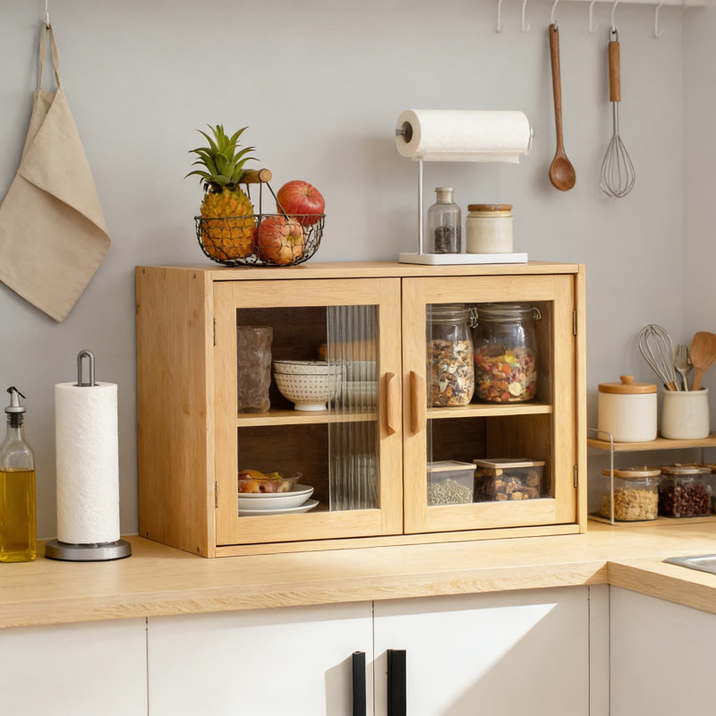 Armoire murale en bambou avec portes en verre - Petit buffet de garde-manger pour le rangement dans le salon, la salle à manger ou la chambre à coucher