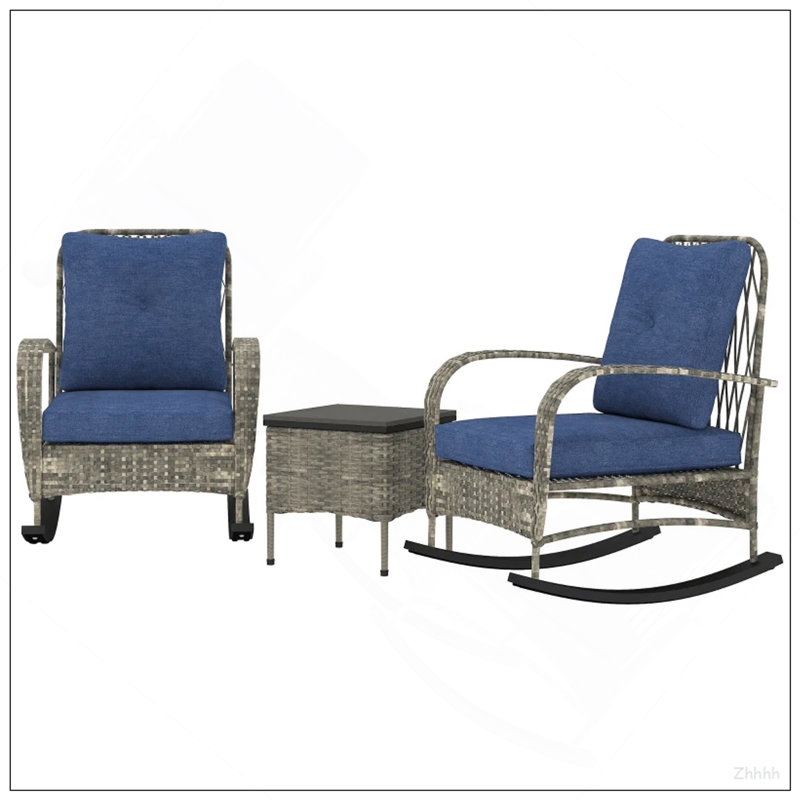 Ensemble de balcon, 3 pièces de mobilier de patio en osier, Light Blue Cushion/Grey Frame
