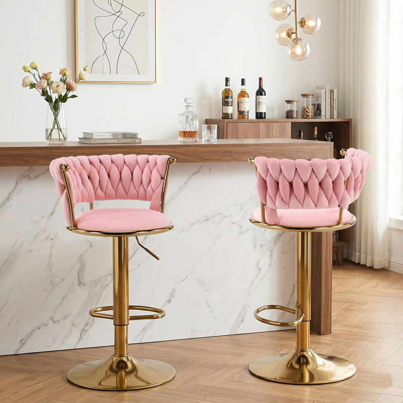  Pink Velvet Swivel Bar Stools Set of 2, Modern Adjustable Height Barstools with Golden Metal Base for Kitchen Island, Pink
