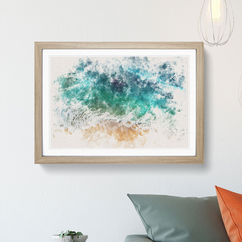 Beach in Honolulu Hawaii Watercolour - Picture Frame Graphic Art Print, 36cm H x 48cm W x 2cm D, Oak Framed