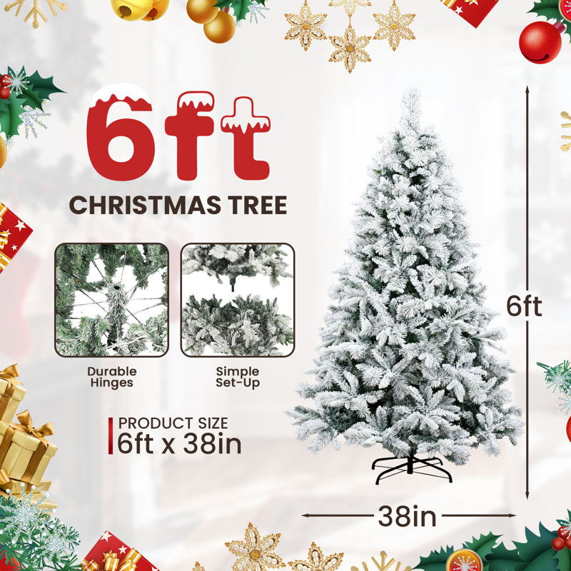 6 FT Flocked PE Pine Needle Christmas Tree | Pre-Lit Artificial Tree with Fairy Lights | Christmas Decoration Compatible | Dense Branches & Pine Cones Holiday Festive Tree
