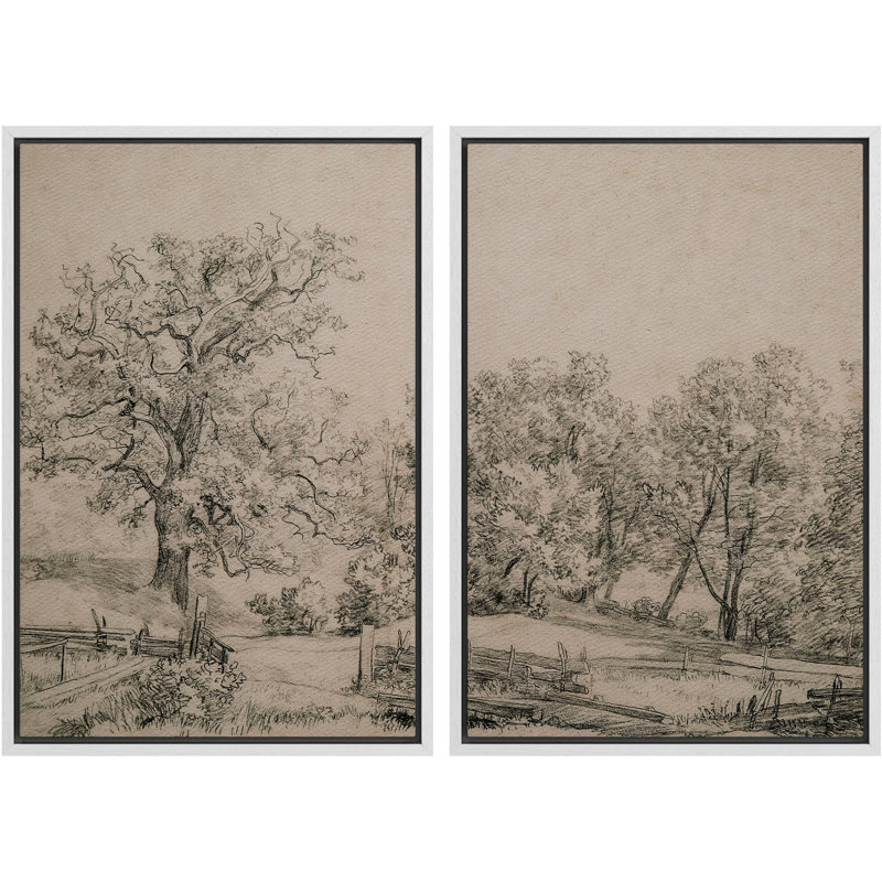 «Arbre antique et croquis de route de campagne classique, paysage, nature, désert, illustration», 2 pièces, Cadre blanc