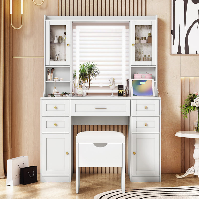 Meuble-lavabo de 41,4 po avec miroir, lumières tricolores, 5 tiroirs, 4 armoires, station de charge et tabouret rembourré blanc, grand espace de rangement pour les cosmétiques