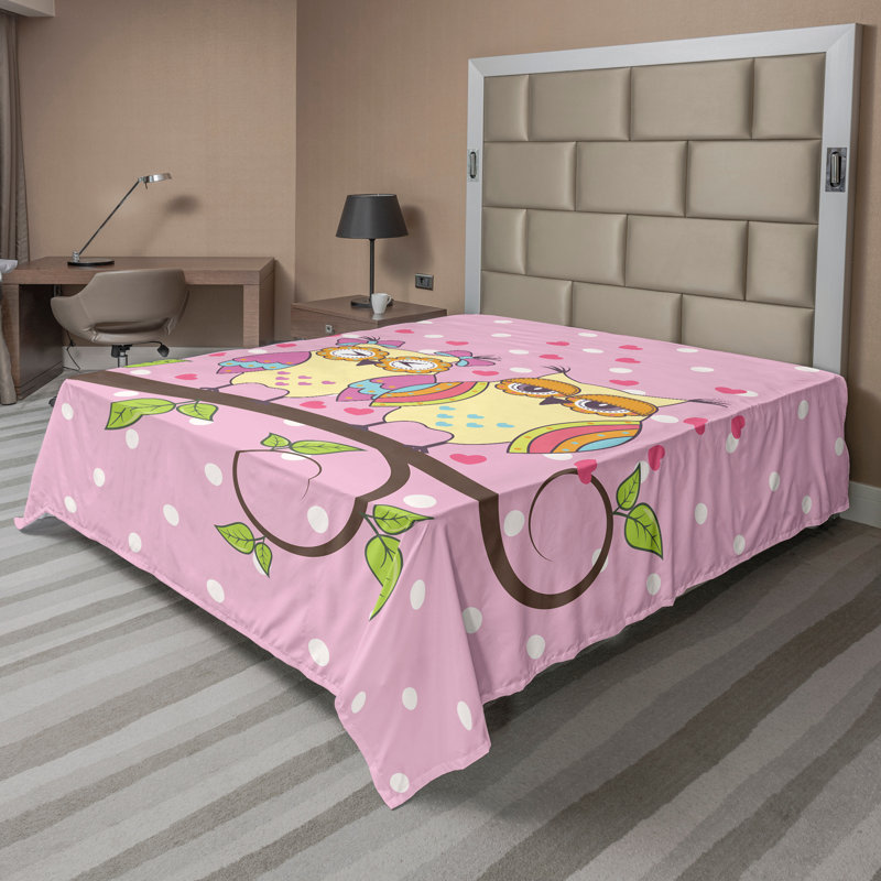Ambesonne Owls Top Flat Sheet Birds in Love on Branch Pale Yellow Apple Green, Queen Flat Sheet