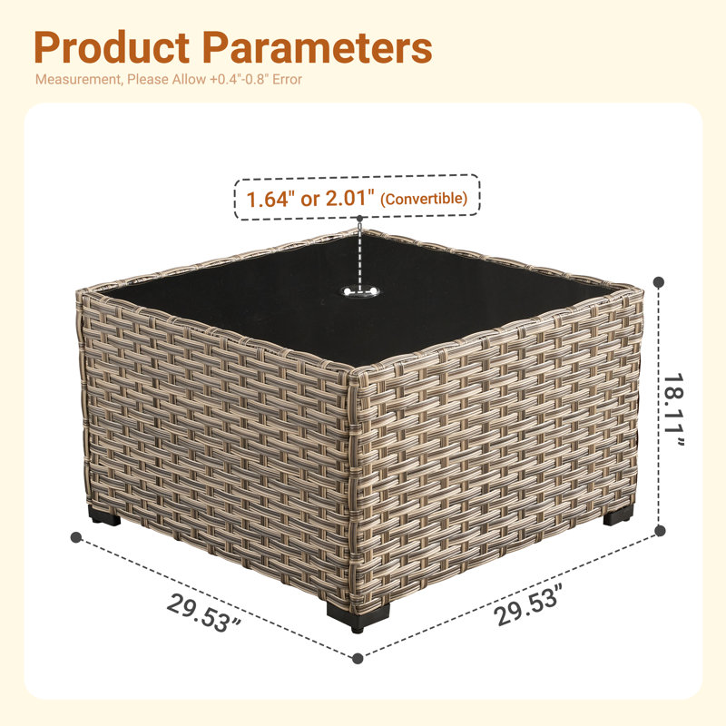 Square Wicker/Rattan Outdoor Coffee Table With Umbrella Hole, Brun